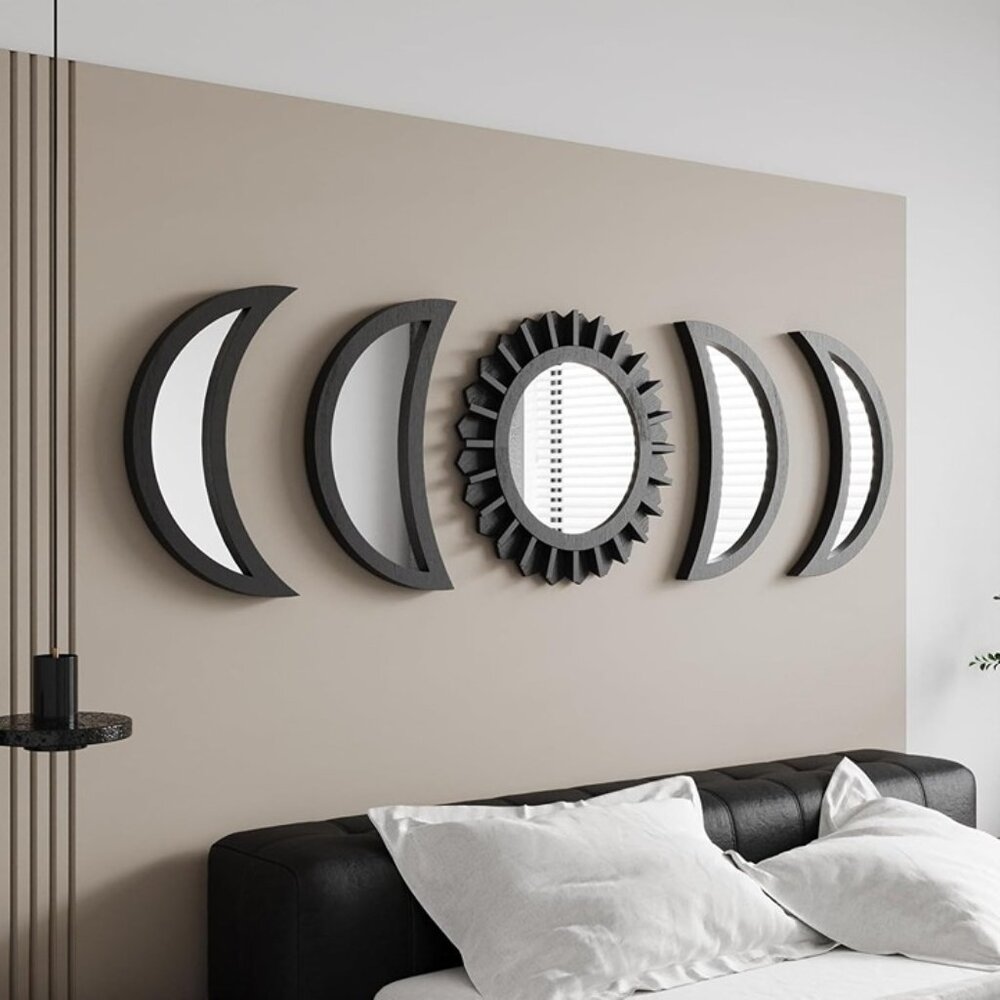 New Moon Phase Mirror Set 5PCS Wooden Real Glass Bohemian Wall Decor for Bedroom